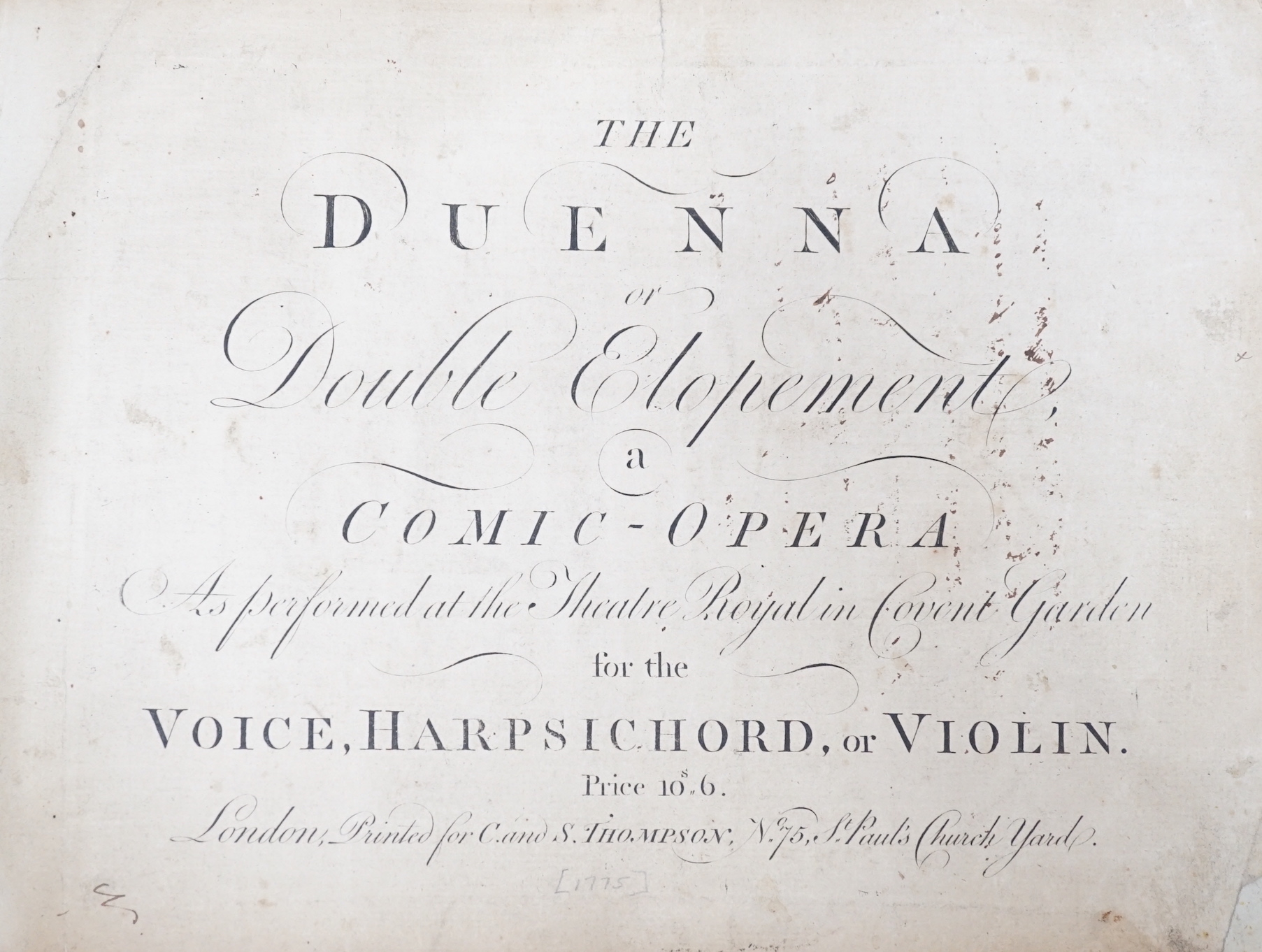 Book: Sheridan Duenna , a comic opera for the voice, Harpsichord and violin